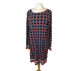 MICHEAL Michael Kors Long Sleeve Black and Coral Geometric Print Sheath, XL